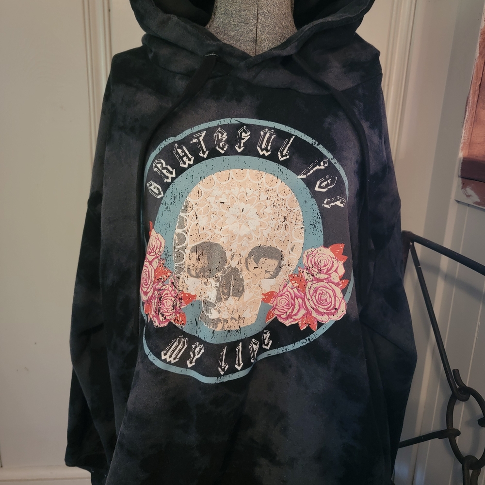 Peace Love World Black Hoodie with Skull and Floral Graphic